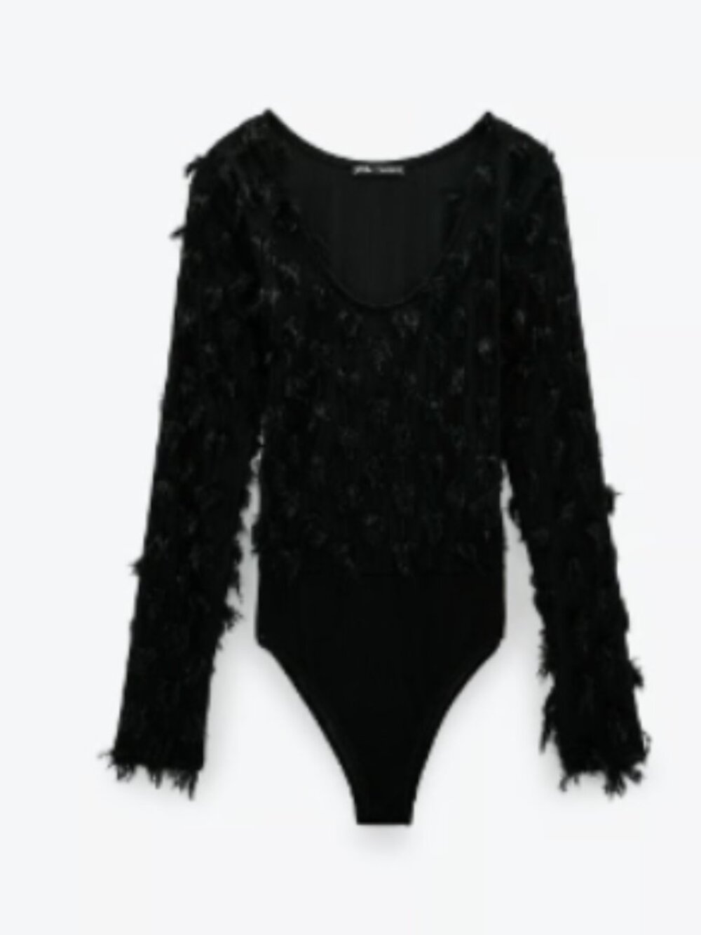Zara Black Fringe-Embellished Long Sleeve Bodysuit